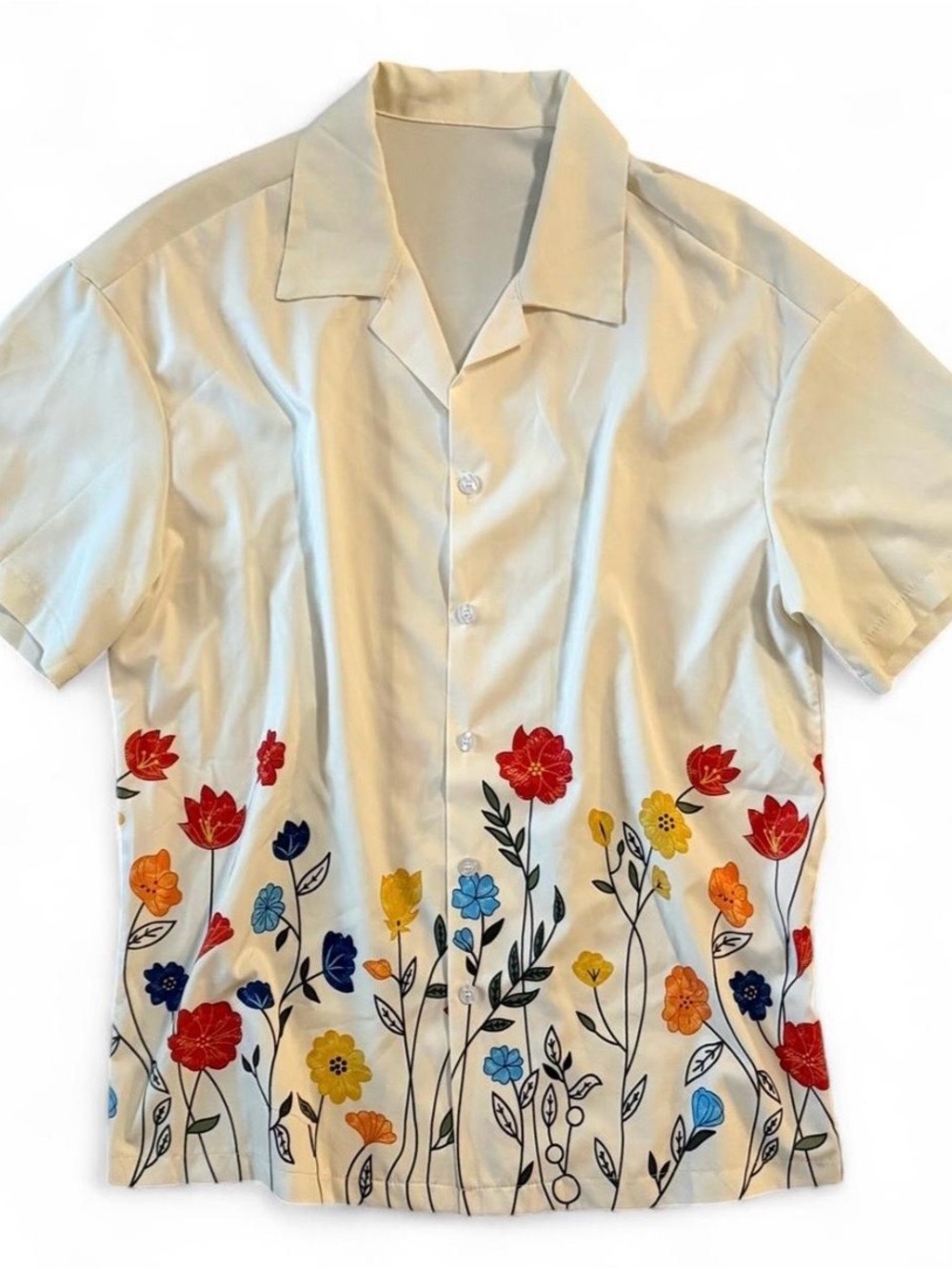 NFINITY Cream Short-Sleeve Button-Down Shirt with Red Blue Yellow Floral Border